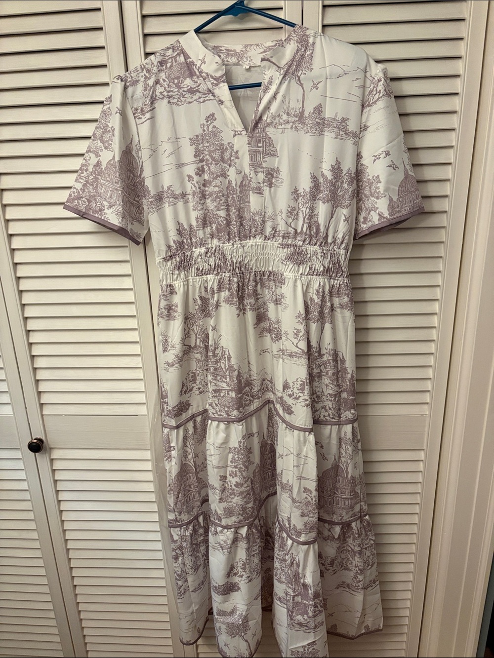 Women's Cream and Mauve Toile Midi Dress - Smocked Waist